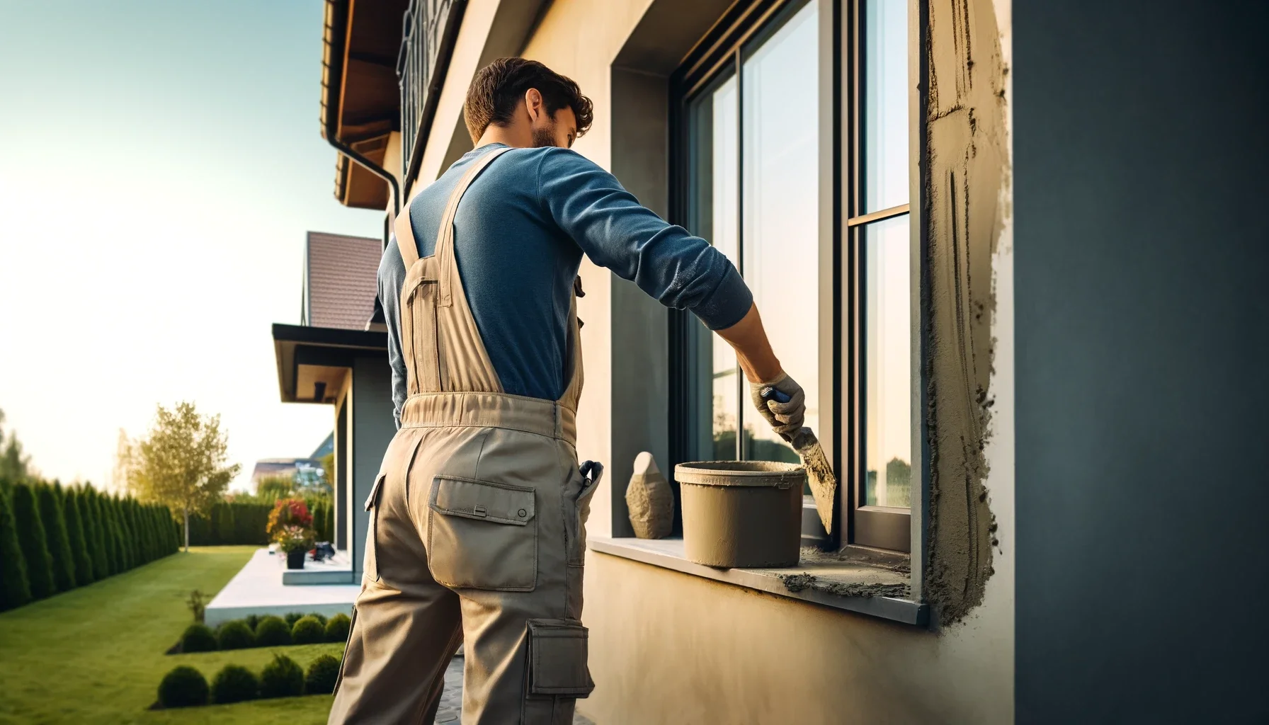 A handyman providing stucco service on the exterior of a house. The handyman is seen from behind, wearing work clothes and applying stucco with a trow
