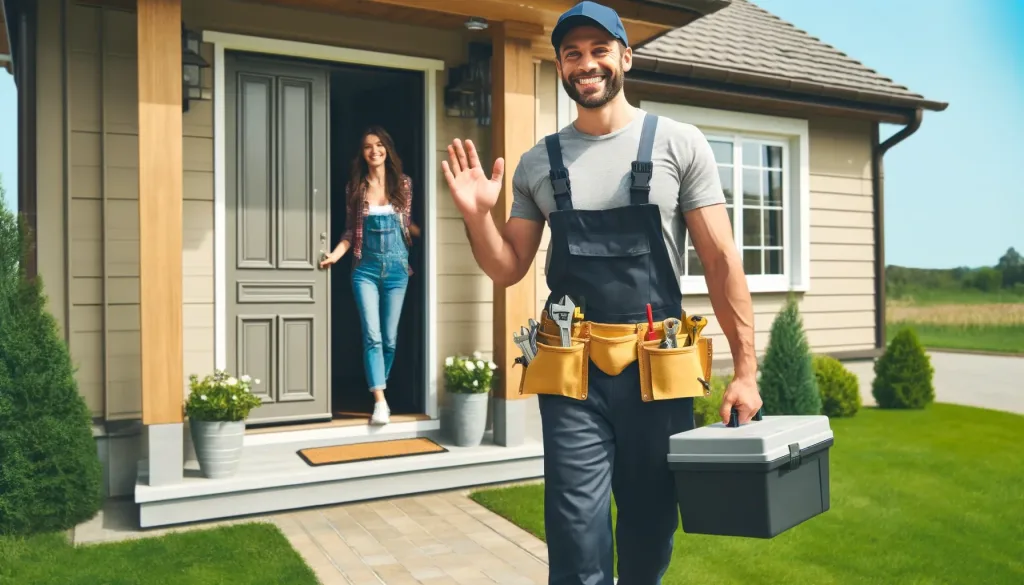 A friendly handyman arriving at your house, greeting a female client at the entrance. The handyman is wearing work overalls, a tool belt, and holding